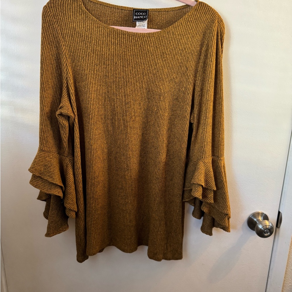 Coco Bianco Mustard Ribbed Bell Sleeve Blouse